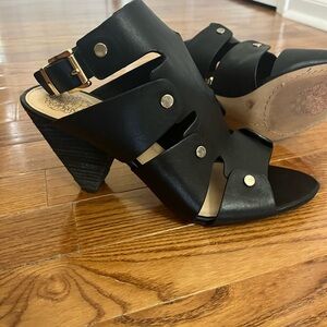 Vince Camuto Black Heeled Sandals with Gold Accents